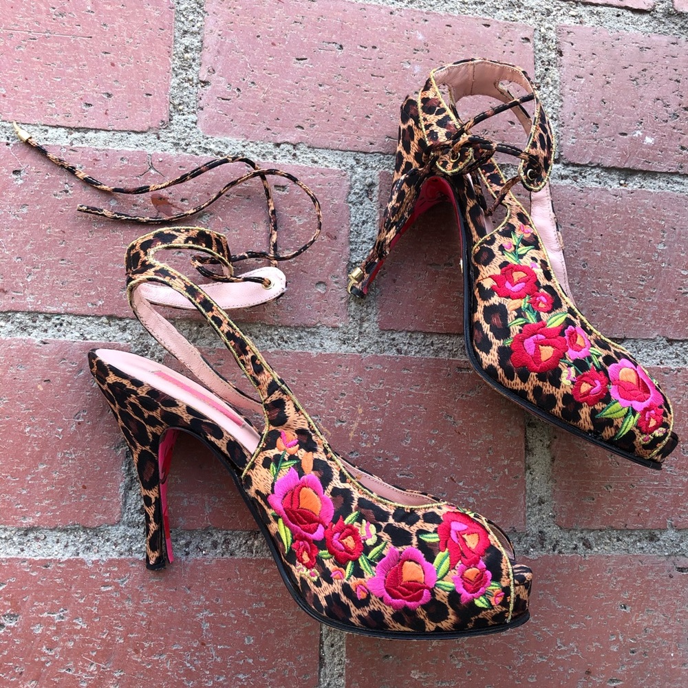 Betsey Johnson Leopard Heels with Floral Embroidery